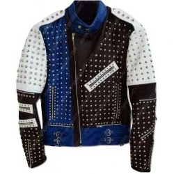 Cafe Racer Studded Blue Leather Jacket