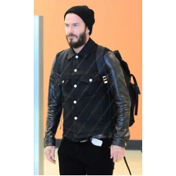 David Beckham Leather Sleeves Black Denim Jacket