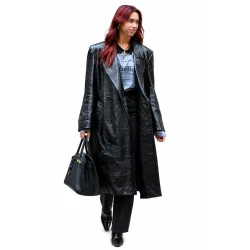Dua Lipa Black Leather Trench Coat