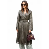 Gemma Chan Olive Fringe Leather Trench Coat