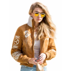 Gigi Hadid Brown Shearling Suede Bomber Jacket