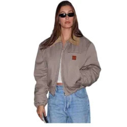 Hailey Bieber Beige Bomber Jacket