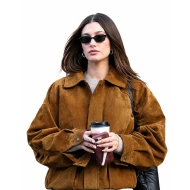Hailey Bieber Brown Suede Leather Jacket