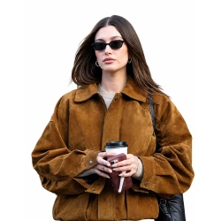 Hailey Bieber Brown Suede Leather Jacket