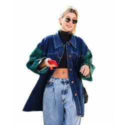 Hailey Bieber Oversized Denim Plaid Sleeve Jacket