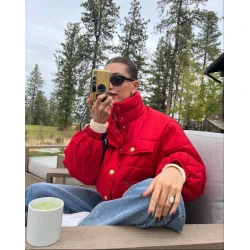 Hailey Bieber Red Puffer Jacket 