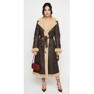 Katy Perry Long Shearling Brown Leather Coat