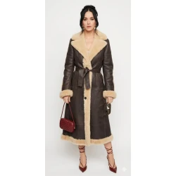 Katy Perry Long Shearling Brown Leather Coat Katy Perry Long Shearling Brown Leather Coat