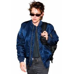 Kristen Stewart Navy Blue Satin Bomber Jacket