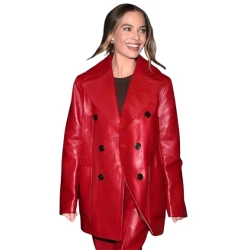 Margot Robbie Glossy Red Leather Pant Coat