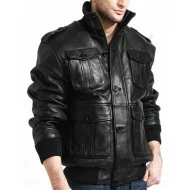 Men Black Lambskin Bomber Jacket