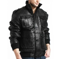 Men Black Lambskin Bomber Jacket