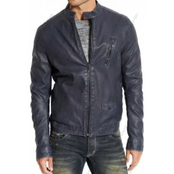 Men Blue Leather Biker Jacket