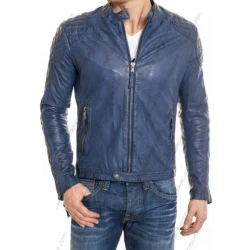 Men Blue Leather Quilted Jacket