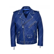 Men Blue Studded Motorcycle Jacket