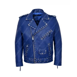 Men Blue Studded Motorcycle Jacket