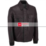 Men Bomber Leather Jacket Rib Knit Trim