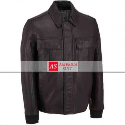 Men Bomber Leather Jacket Rib Knit Trim