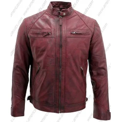 Men Distressed Burgundy Racer Leather Jacket