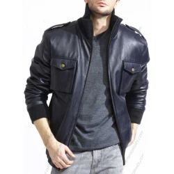 Men Navy Blue Bomber Leather Jacket