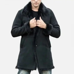 Men’s Black Shearling Leather Trench Coat with Hood
