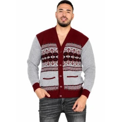 Men’s Grey and Burgundy Fair Isle Knit Cardigan – V-Neck Button-Up Nordic Sweater