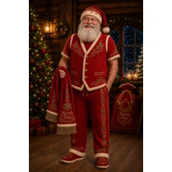 Men’s Santa Costume Set – Red Embroidered Christmas Vest, Pants, Hat & Scarf Men’s Santa Costume Set – Red Embroidered Christmas Vest, Pants, Hat & Scarf