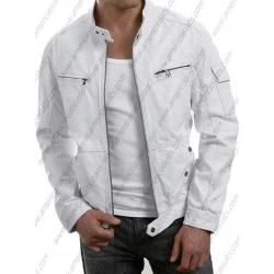 Men Slim White Biker Leather Jacket