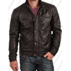 Men Standard Buttoned Black Leather Jacket