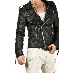 Men Studded Black Leather Jacket