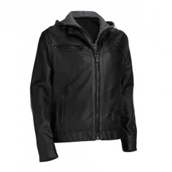 Mens Black Faux Leather Hooded Jacket Mens Black Faux Leather Hooded Jacket