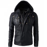 Mens Black Faux Leather Jacket with Hood