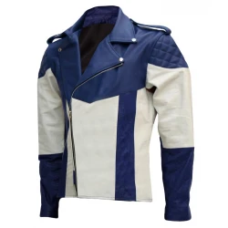 Mens Blue and White Motorcycle Leather Jacket