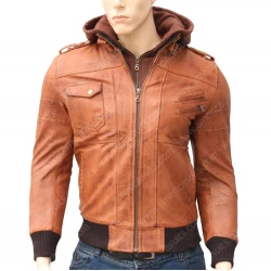 Mens Brown Hooded Leather Jacket