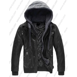 Mens Faux Leather Jacket With Removable Hood Mens Faux Leather Jacket With Removable Hood