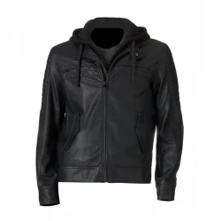 Mens Hooded Black Faux Leather Moto Jacket Mens Hooded Black Faux Leather Moto Jacket