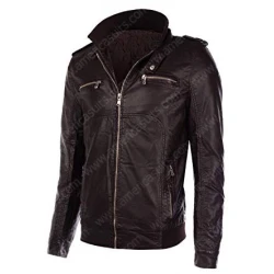 Mens Hooded Long Sleeves Brown Leather Jacket