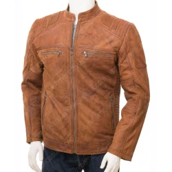 Mens Tan Leather Jacket with Outside Pockets