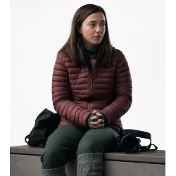 Mikey Madison The Social Reckoning Maroon Hooded Puffer Jacket