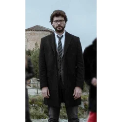 Money Heist El Profesor Mid Length Black Coat Money Heist El Profesor Mid Length Black Coat