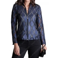 Women Dark Blue Patch Leather Jacket