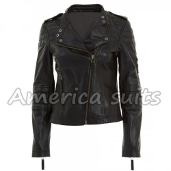 Quilted Womens Black Leather Moto Jacket