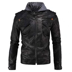 Racer Stand Collar Hooded Leather Jacket