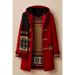 Red Duffle Coat with Nordic Scarf – Hooded Wool Toggle Winter Coat