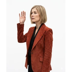 Rosamund Pike Ladies First 2026 Rust Brown Suede Leather Blazer
