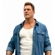 Runner 2026 Alan Ritchson Blue Shirt