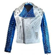 Silver Studded White And Blue Biker Jacket