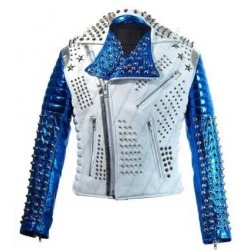 Silver Studded White And Blue Biker Jacket