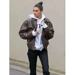 Street Style Kendall Jenner Brown Leather Jacket