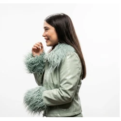 Thinestra 2026 Melissa Macedo Green Faux Fur Leather Jacket